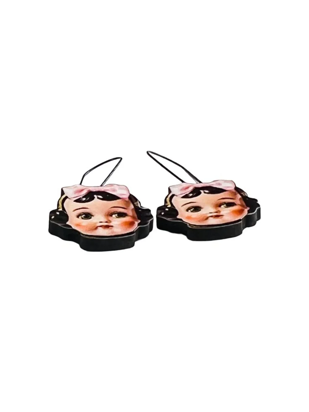 Vintage Doll Face Pink Bows Wood Cutout Dangle Earrings Kitsch Cute